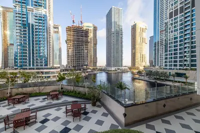a view of a city skyline with tall buildings at Spacious Apartment I Lake Views Apartment in JLT I Close To Metro in Dubai