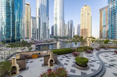 a view of a city with tall buildings at Spacious Apartment I Lake Views Apartment in JLT I Close To Metro in Dubai
