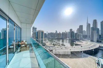 a view of a city from an office building at Canal View l Stylish & Spacious in Dubai