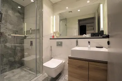 a bathroom with a sink and a toilet and a shower at Studio - MAG 318 in Dubai
