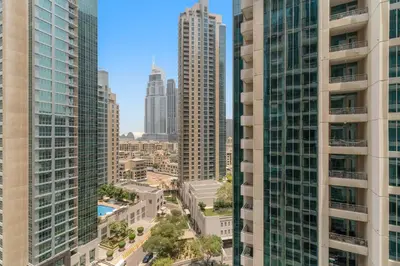 an aerial view of a city with tall buildings at Silkhaus spacious studio in Boulevard Central with gym & pool in Dubai