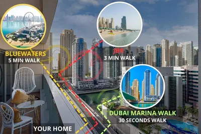 a collage of photos of the dubai marina skyline at Luxury 1 Bedroom Marina View, Sleeps 6, 1 Min to Metro in Dubai
