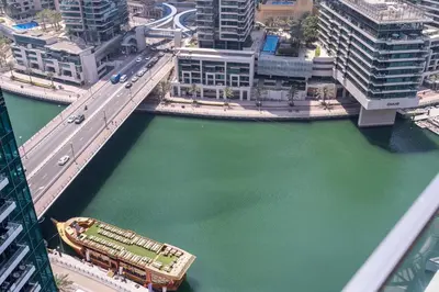 an aerial view of a river in a city at Prime Stylish Studio with Marina Views in Dubai