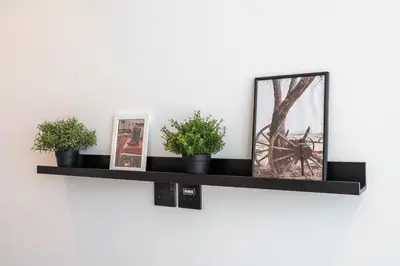 a shelf on a wall with two plants and a picture at Contemporary Ranch Living with Burj Khalifa View in Dubai