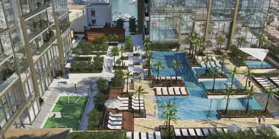 an artist rendering of a building with a pool at Marina Gate One Bedroom Apartment in Dubai