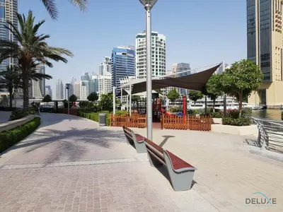 a couple of benches sitting on a sidewalk in a city at Scenic 1BR at Bay Central 1 Dubai Marina by Deluxe Holiday Homes in Dubai