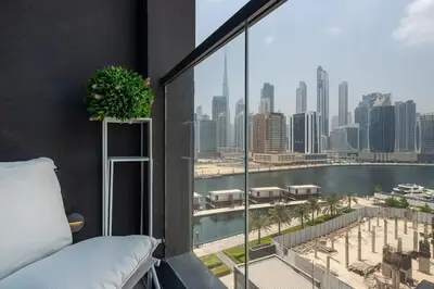 a room with a large window with a view of the city at Frank Porter - 15 Northside Tower 2 in Dubai