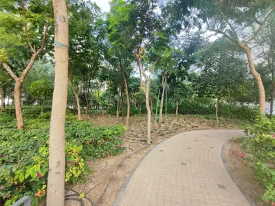a walkway in a park with trees and flowers at New 1 bedroom in Sobha Hartland in Dubai