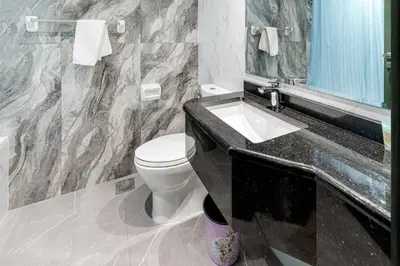a bathroom with a toilet and a sink and a mirror at Spacious 4bd en-suite apt I Canal view I Fast wifi in Dubai