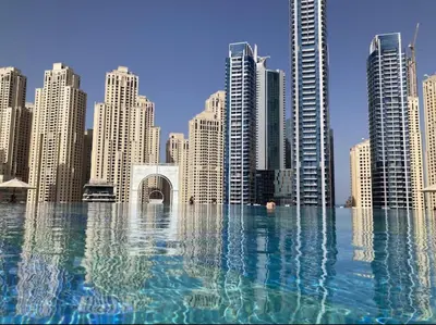 a view of a city with tall buildings at Dubai Marina larivera in Dubai
