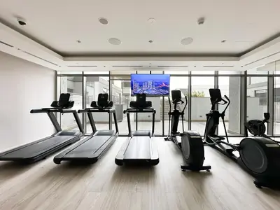 a gym with cardio machines and a flat screen tv at Trophy - Maison de Charme Suite in Dubai