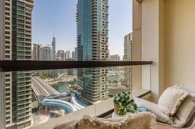 a balcony with a view of a city at Frank Porter - Bahar 1 in Dubai
