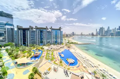 an aerial view of a beach and buildings at Oceana Residences, Oceana Palm Jumeirah - Mint Stay in Dubai