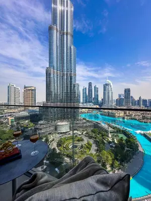 a view of a city skyline from a hotel balcony at Address Residence Dubai Opera 21 by Luxstay Holiday Homes in Dubai
