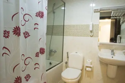 a bathroom with a toilet and a sink and a shower curtain at Loft Style Partition Room in Shared Apartment in Al Barsha 1 Near MOE Metro in Dubai