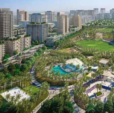 an aerial view of a park in a city at Oraya - Stunning 2BR- Mulberry Dubai Hills, Pool-Park view in Dubai