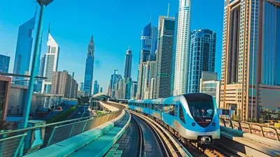 a blue and white train on tracks in a city at Best Closed Partition Room in Al Barsha-1 Near MOE Metro in Dubai