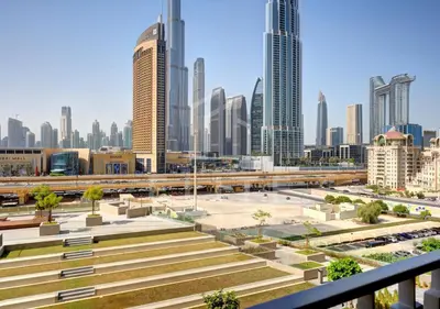 a view of a city skyline with tall buildings at Walk to Dubai Mall 2 Bed Full Burj Khalifa Views in Dubai