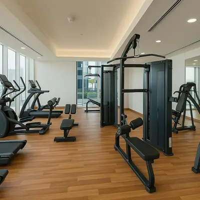 a gym with treadmills and elliptical machines at Luxurious & Modern Studio in JVC in Dubai