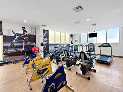 a gym with a bunch of exercise equipment in it at StoneTree - Cozy Fully-Furnished Studio in JLT in Dubai