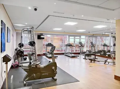 a gym with treadmills and machines in a room at StoneTree - Stylish Studio near Metro Station in Dubai