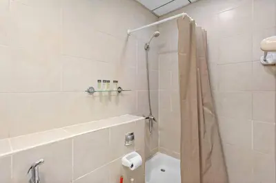 a bathroom with a shower with a shower curtain at StoneTree - Elegant Studio in Peaceful Community in Dubai