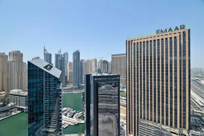 a view of a city skyline with tall buildings at Modern Style 1 BR near Marina Mall and Metro in Dubai