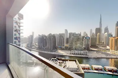 a view of a city from a balcony of a building at 15 Northside A - Pristine Two Bedroom in Dubai