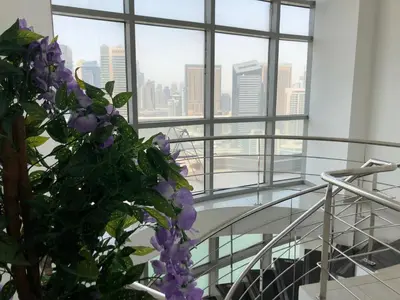 a glass staircase with purple flowers in front of a window at Coliving sharing Hostel 1 in Dubai