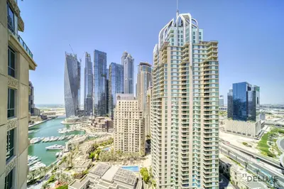 a view of a city skyline with tall buildings at Urban 2BR at Al Mesk Tower Dubai Marina by Deluxe Holiday Homes in Dubai