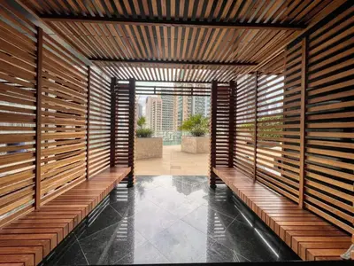 a room with wooden walls at GuestReady - Lavish studio with Burj Khalifa views in Dubai