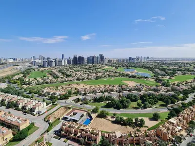 an aerial view of a city with buildings at Studio in Dubai