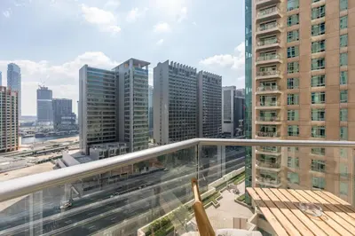 a balcony with a view of a city at Lux BnB Burj Views Tower I Downtown in Dubai