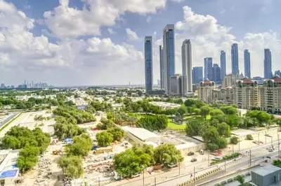 an aerial view of a city with tall buildings at Central Park Towers, City View - DIFC - Mint Stay in Dubai