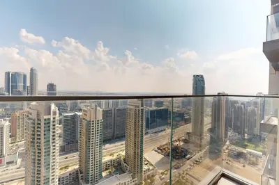 a view of a city from the top of a skyscraper at Vacationer I Elegant 2 Bed with City Views I Walk to Dubai Mall & Burj Khalifa I Downtown I Burj Royale Tower in Dubai
