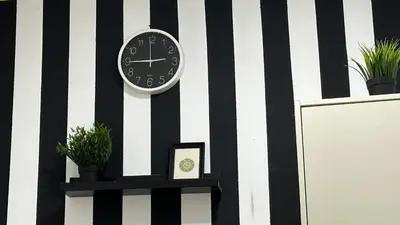 a clock on a black and white wall with plants at Solo Partition Room in Al Barsha 1 Near Mashreq Metro in Dubai
