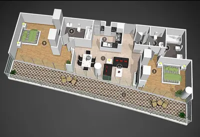 a rendering of a floor plan of a house at Luxurious 2BR apt with panoramic Marina view in Dubai