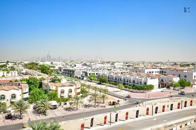 an aerial view of a city with buildings and a street at Luxury Escapes - Contemporary 2BR Gem in Madinat Jumeirah - RAHAAL in Dubai