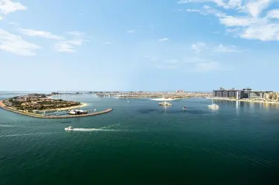 an island in the middle of a large body of water at *Private Beach* Best Ocean View Emaar BeachFront in Dubai