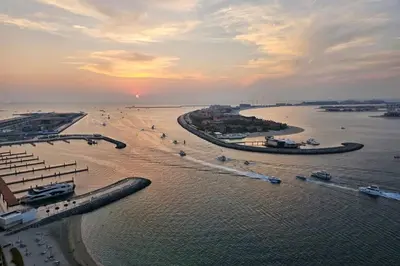 an aerial view of a beach with boats in the water at *Private Beach* Best Ocean View Emaar BeachFront in Dubai