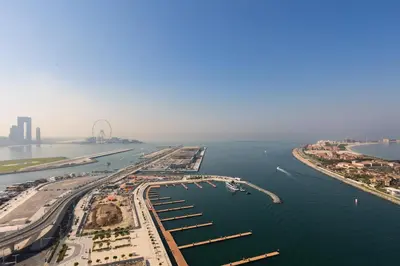 an aerial view of a marina in the water at Emaar Beachfront Beach Vista 3bdr apartment in Dubai