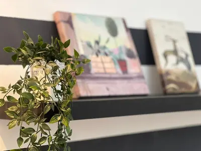 a plant sitting on a shelf next to a picture at Fashion Partition Room Near Mall of The Emirates in Dubai