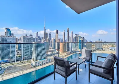 a balcony with a view of a city skyline at Lux Studio in Business Bay -10 mins to Burj Khalifa - Binghatti Canal in Dubai