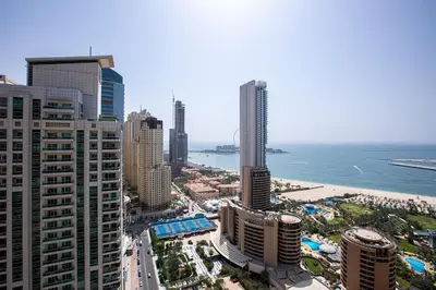 an aerial view of a city with buildings and the ocean at Nice view apartment in Botanica Tower Dubai Marina in Dubai