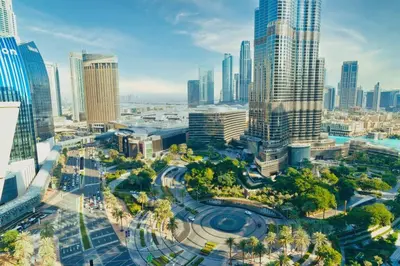 an aerial view of a city with tall buildings at FIRST CLASS 3BR with full BURJ KHALIFA and FOUNTAIN VIEW in Dubai