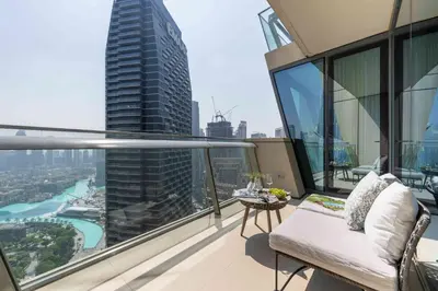 an apartment balcony with a view of a city at Frank Porter - Burj Vista 1 in Dubai