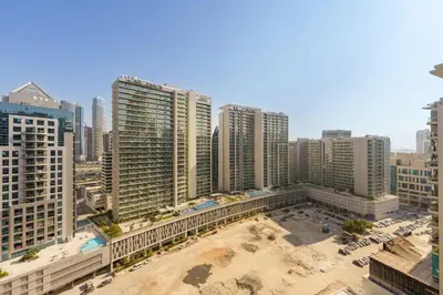 an aerial view of a city with tall buildings at Business Bay Exquisite Living Experience-Suiteable in Dubai