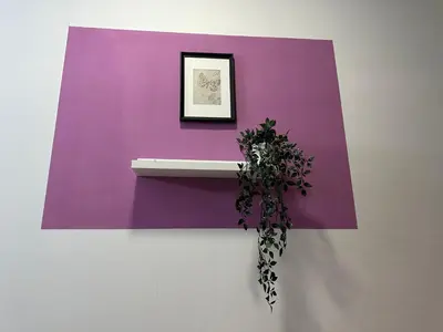 a purple wall with a picture and a plant on it at Spacious Mini Partition Room Near Emirates Mall in Dubai
