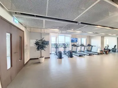 a gym with rows of treadmills and a potted plant at Beach Isle - Gorgeous One Bedroom in Dubai