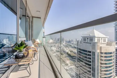 an apartment balcony with views of the city at Frank Porter - Ocean Heights in Dubai
